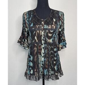 Signature by Larry Levine Ruffle‎ Hem Sheer Blouse Animal Print Sz M Y2K Fairy